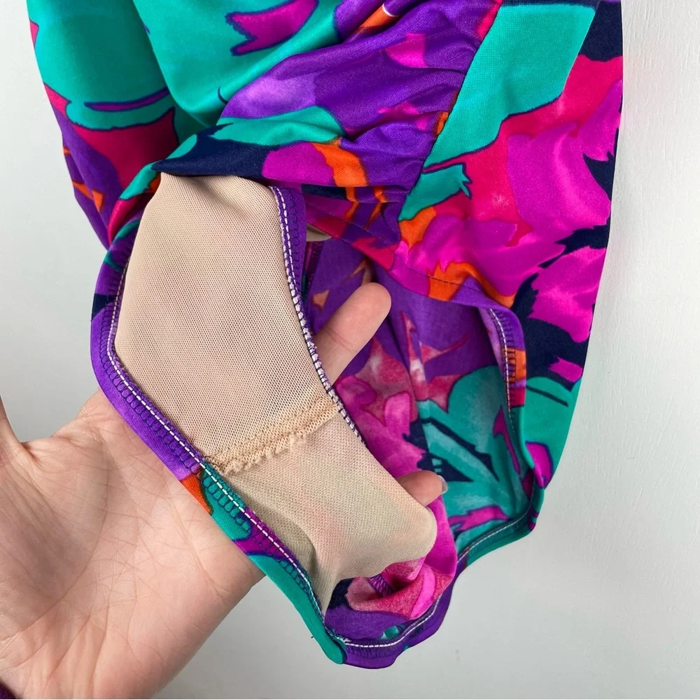 Vtg Y2K Abstract Swim One Piece Sz 16 High Cut Neon Floral Print Ruched